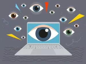 llustration of a laptop with a large eye on the screen surrounded by multiple eyes, symbolizing online surveillance and digital privacy concerns. 