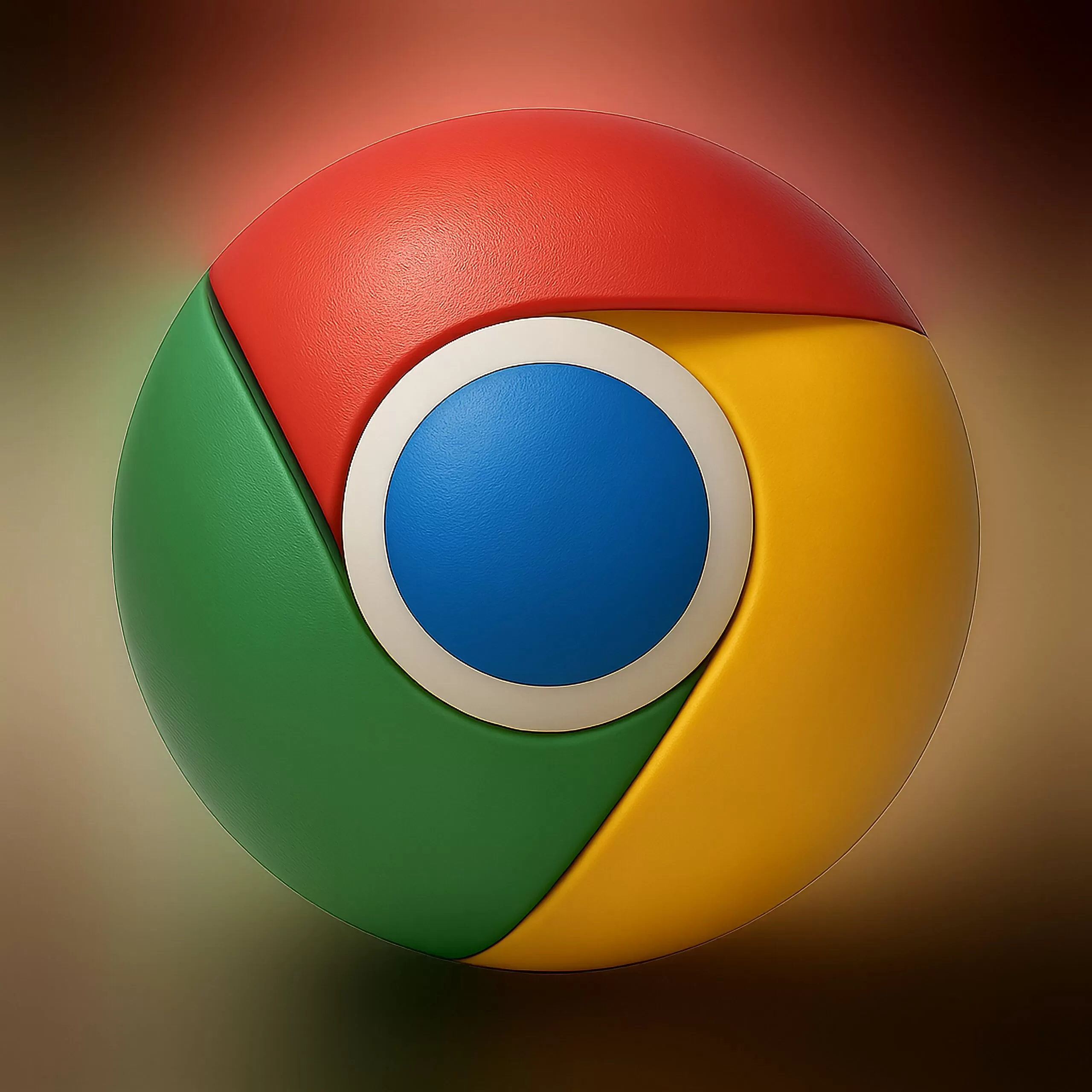 Close-up 3D rendering of the Google Chrome logo on a gradient background.