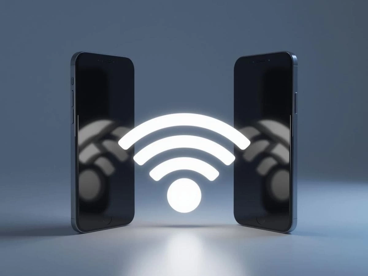 Two smartphones facing each other with a glowing Wi-Fi symbol between them, representing easy wifi sharing between devices.
