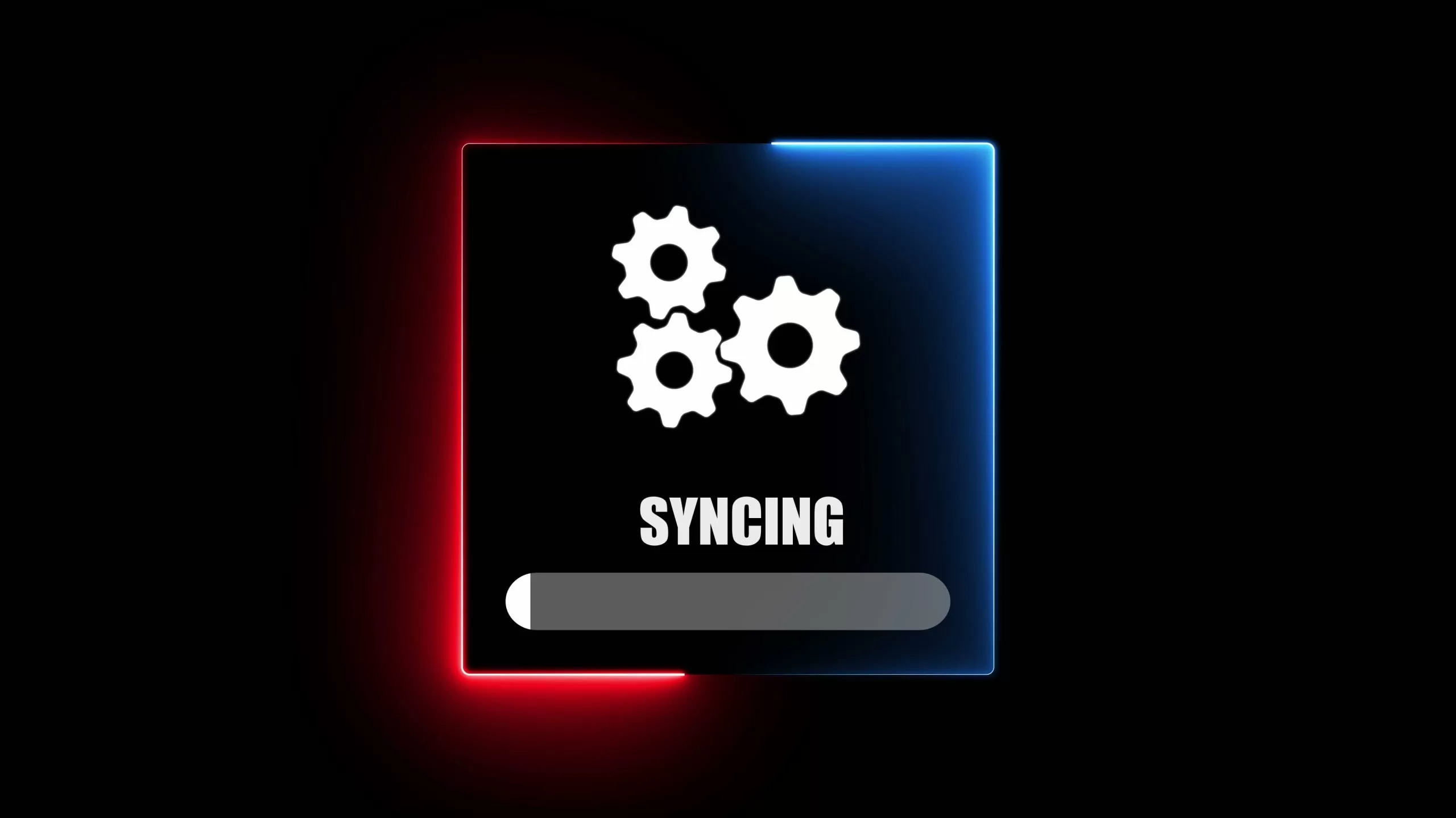Illustration of three gears above a syncing progress bar, representing data synchronization between devices.